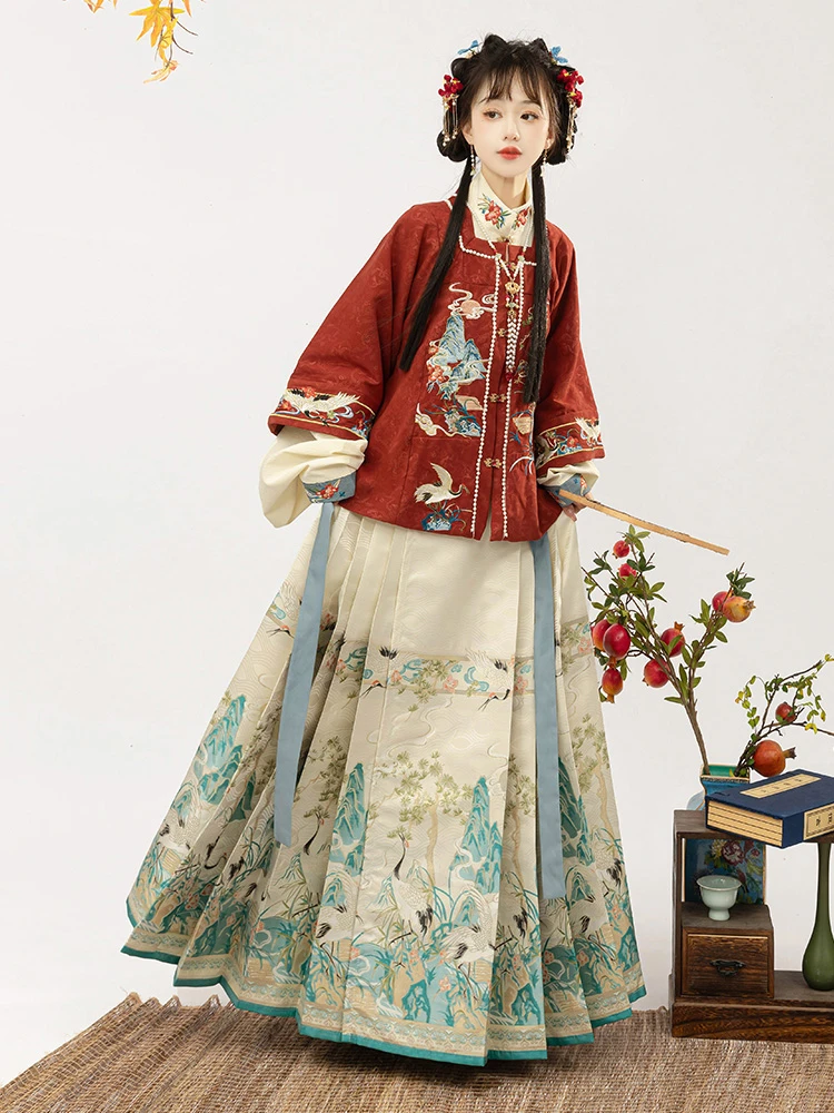 Ming Dynasty New Year Hanfu Vintage Crane Winter Horse Face Skirt