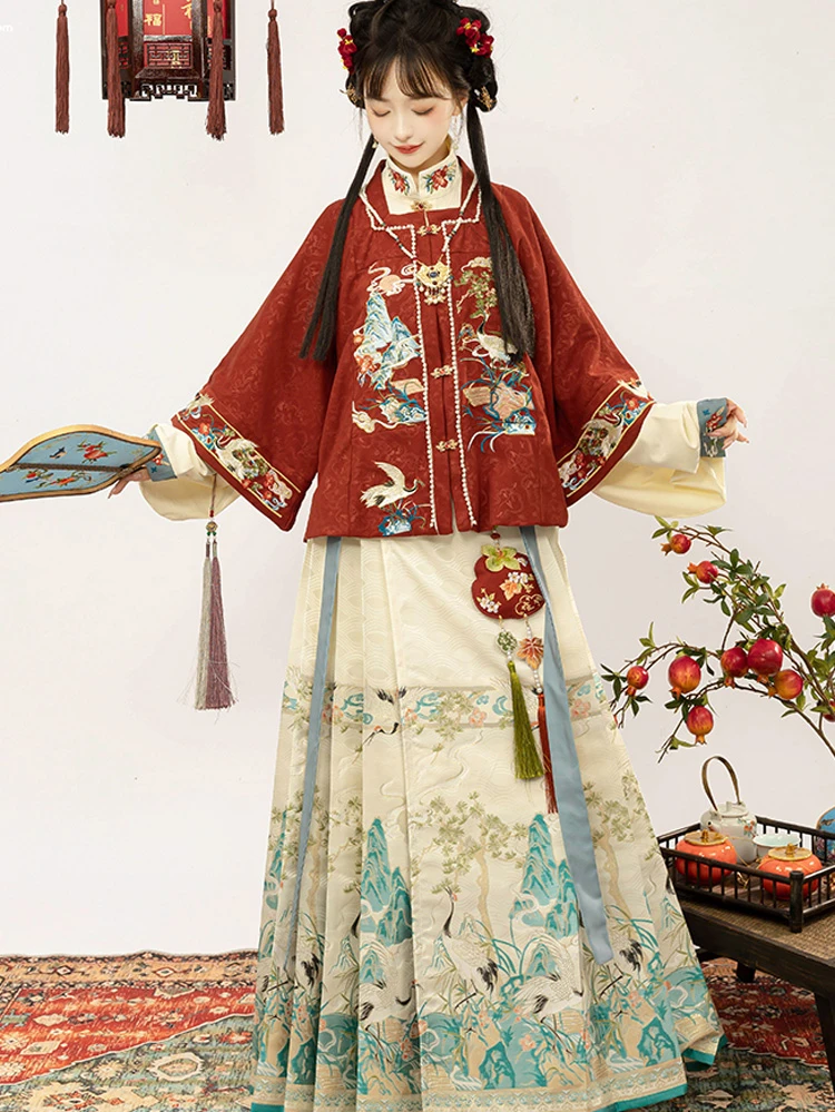Ming Dynasty New Year Hanfu Vintage Crane Winter Horse Face Skirt