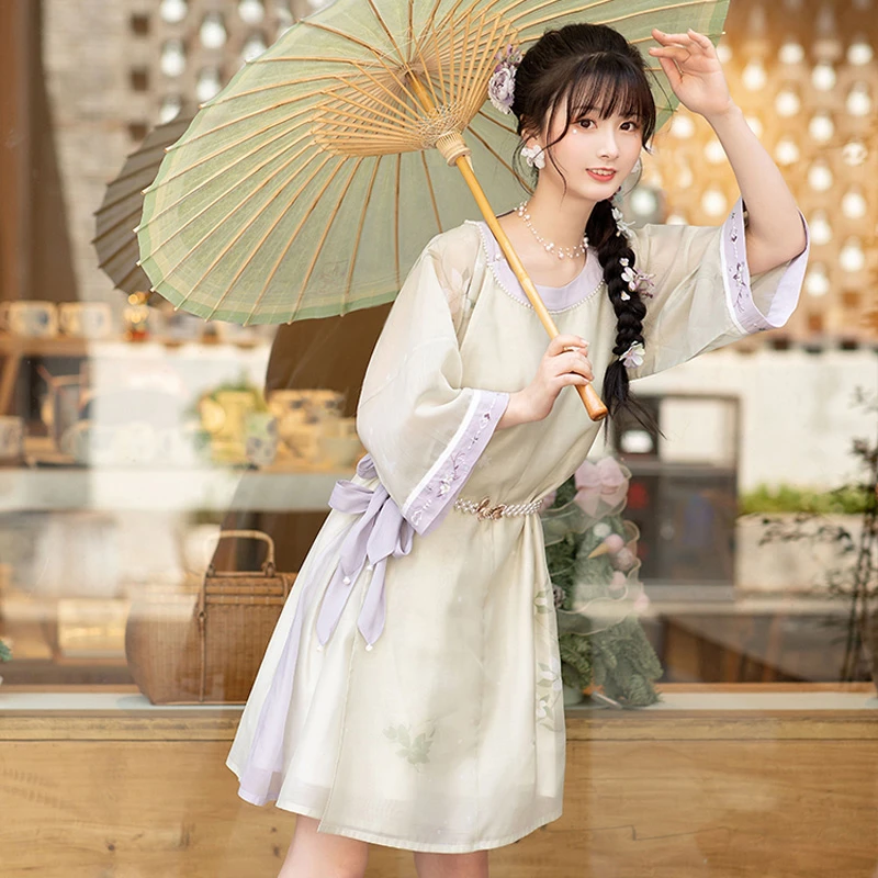 Women-Ming-Style-Round-Neck-Shirt-Dress-Modern-Hanfu-1 Women Ming Style Round Neck Shirt Dress Modern Hanfu