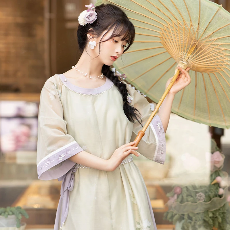 Women-Ming-Style-Round-Neck-Shirt-Dress-Modern-Hanfu-2 Women Ming Style Round Neck Shirt Dress Modern Hanfu