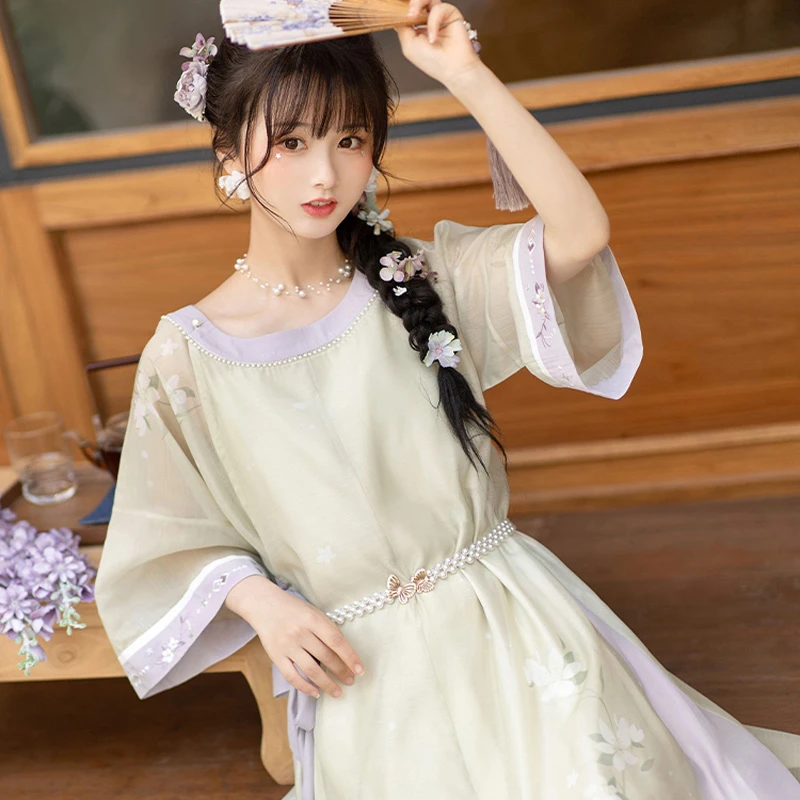 Women-Ming-Style-Round-Neck-Shirt-Dress-Modern-Hanfu-3 Women Ming Style Round Neck Shirt Dress Modern Hanfu
