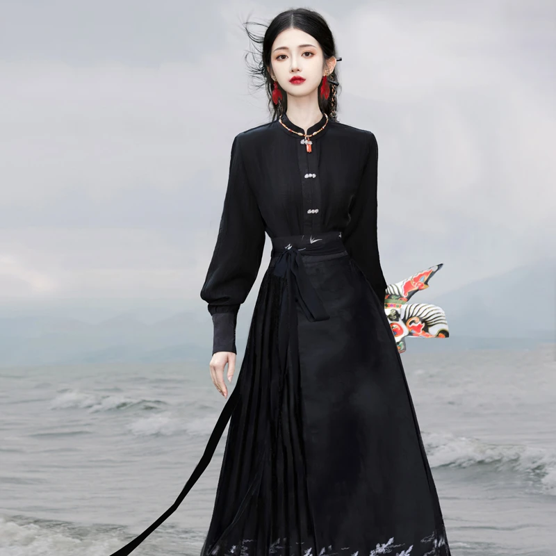 Women-Casual-Hanfu-Ming-Dynasty-Mamian-Skirt-Set-Black-Dashing-Style-1 Women Casual Hanfu Ming Dynasty Mamian Skirt Set Black Dashing Style