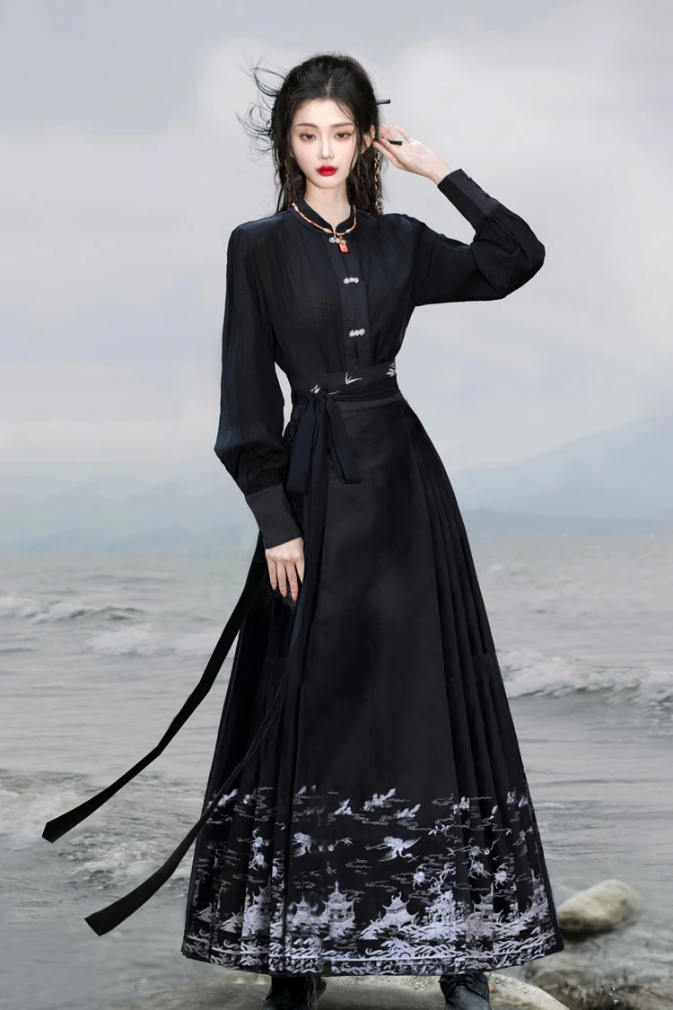 Women Casual Hanfu Ming Dynasty Mamian Skirt Set Black Dashing Style