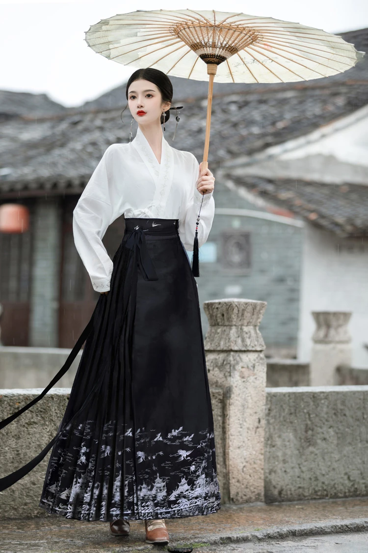 Women Casual Hanfu Ming Dynasty Mamian Skirt Set Black Dashing Style