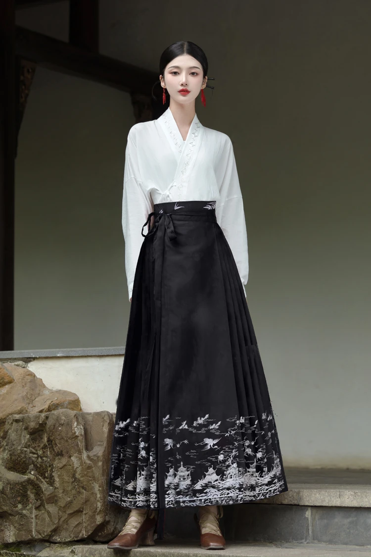 Women Casual Hanfu Ming Dynasty Mamian Skirt Set Black Dashing Style