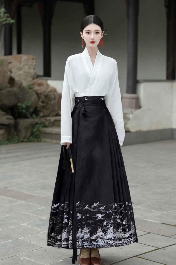 Women Casual Hanfu Ming Dynasty Mamian Skirt Set Black Dashing Style
