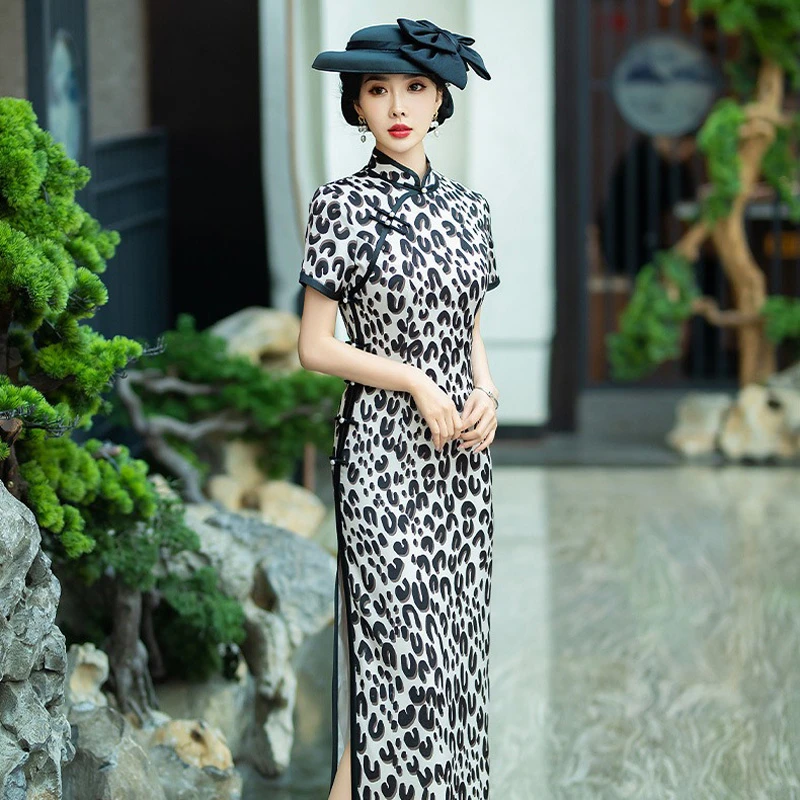 Summer-Women-Long-Slim-Silk-Cheongsam-Medium-Long-Daily-Dress-1 Summer Women Long Slim Silk Cheongsam Medium Long Daily Dress