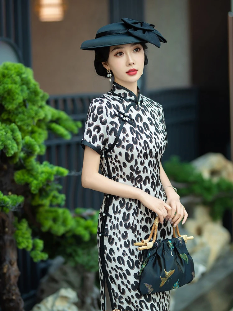 Summer Women Long Slim Silk Cheongsam Medium Long Daily Dress