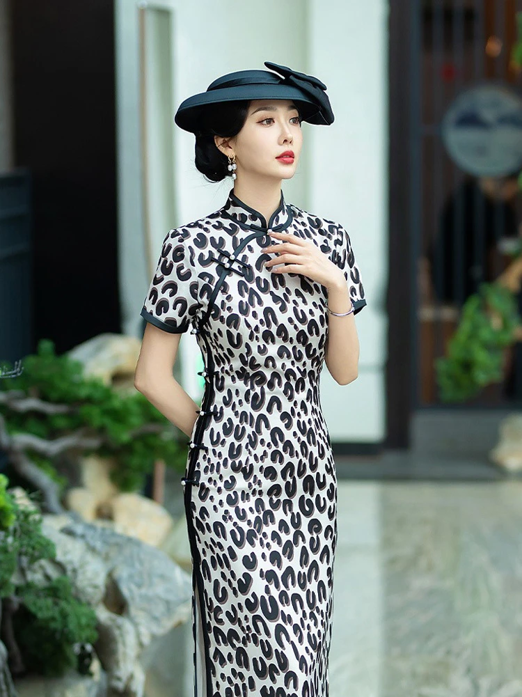 Summer Women Long Slim Silk Cheongsam Medium Long Daily Dress