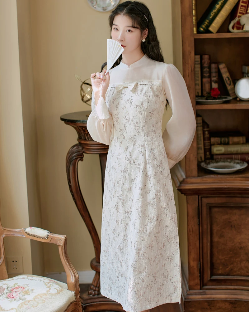 lilac qipao white cheongsam dress