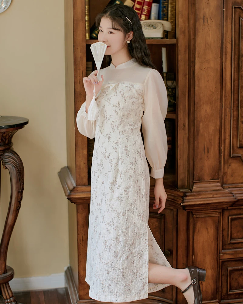 lilac qipao white cheongsam dress