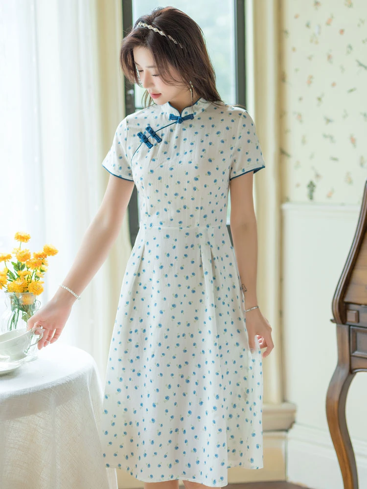 summer flower white cheongsam qipao dress