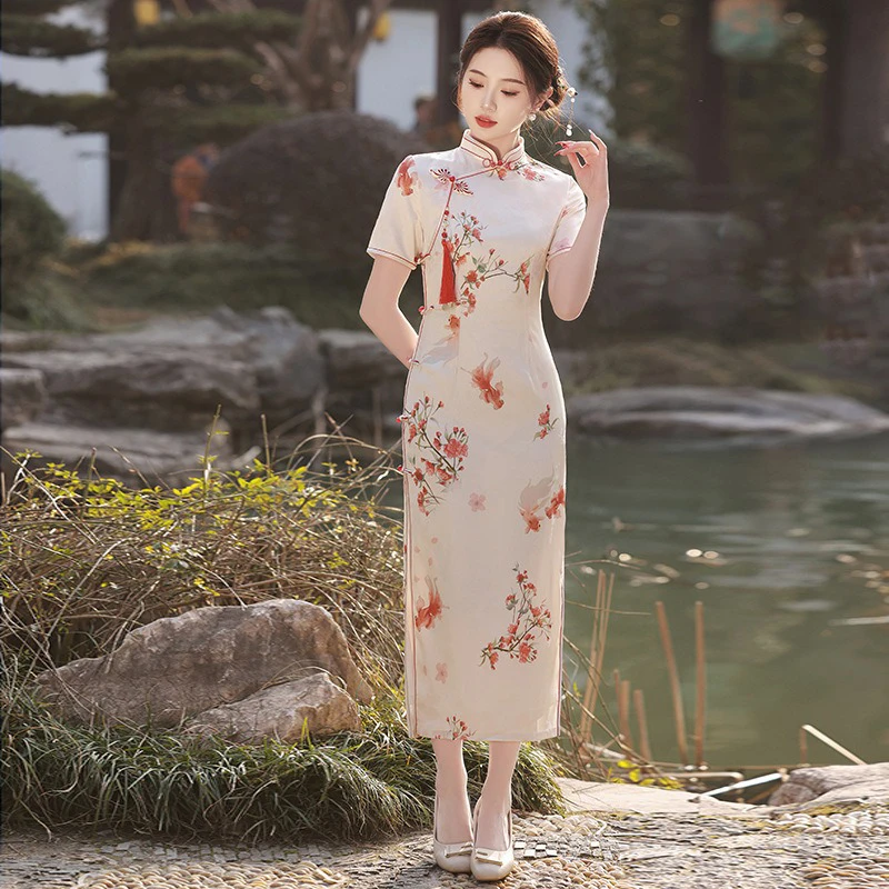 Summer-Qipao-Koi-Lady-Slim-Long-Cheongsam-Daily-Dress-1 Summer Qipao Koi Lady Slim Long Cheongsam Daily Dress