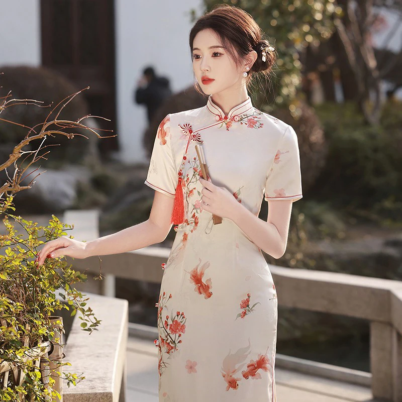 Summer-Qipao-Koi-Lady-Slim-Long-Cheongsam-Daily-Dress-2 Summer Qipao Koi Lady Slim Long Cheongsam Daily Dress