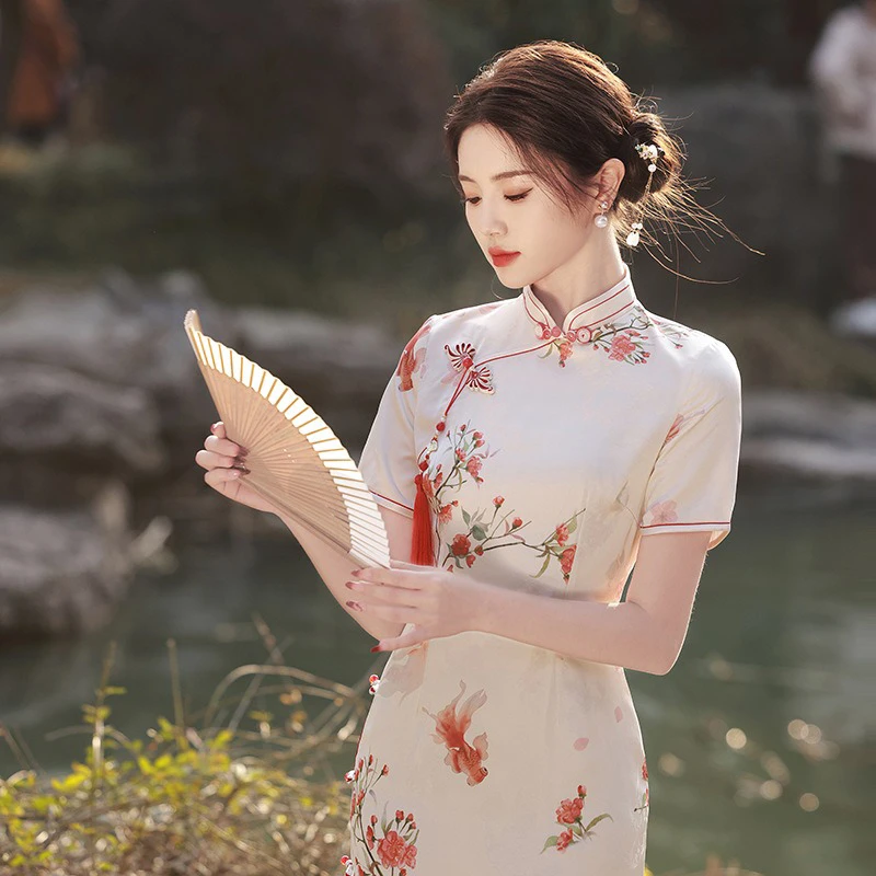 Summer-Qipao-Koi-Lady-Slim-Long-Cheongsam-Daily-Dress-3 Summer Qipao Koi Lady Slim Long Cheongsam Daily Dress