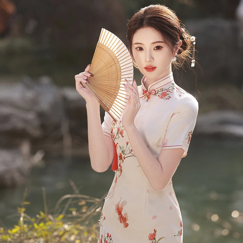 Summer-Qipao-Koi-Lady-Slim-Long-Cheongsam-Daily-Dress-4 Summer Qipao Koi Lady Slim Long Cheongsam Daily Dress