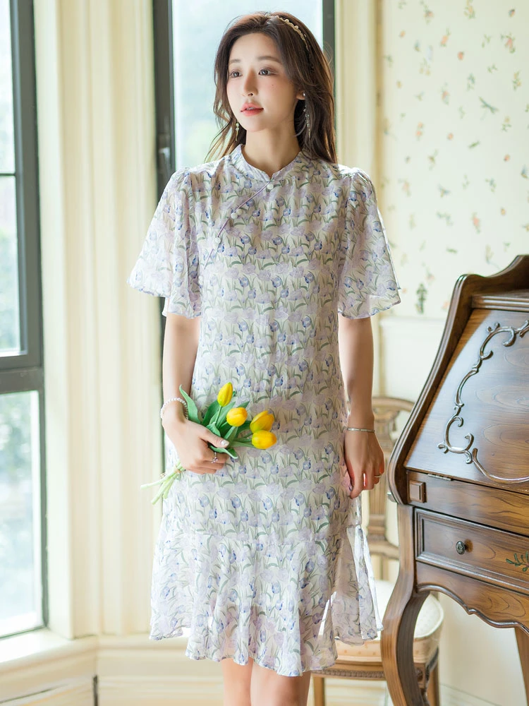 preppy blue modern qipao summer