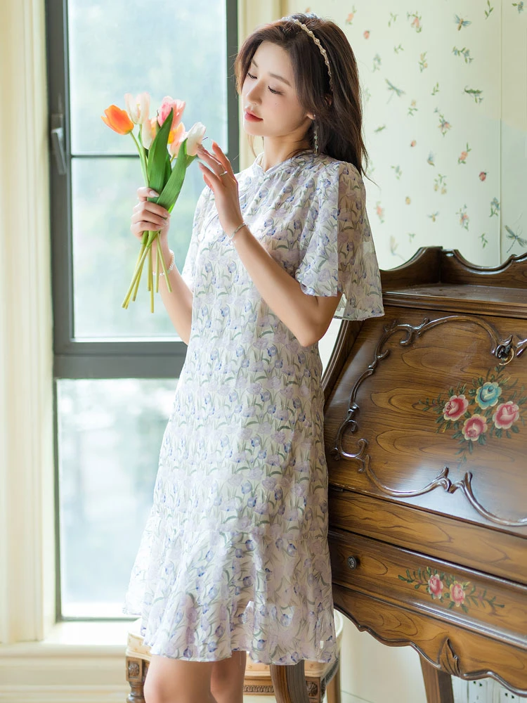 preppy blue modern qipao summer