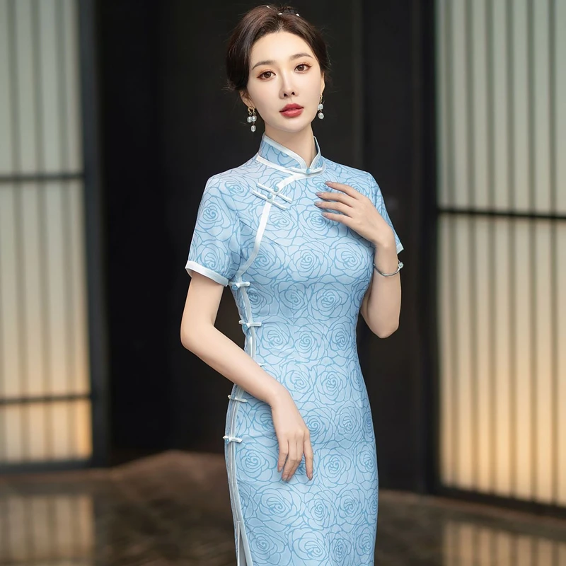 Vintage-Women-Cheongsam-Elegant-Long-Silk-Long-Qipao-Dresses-2 Vintage Women Cheongsam Elegant Long Silk Long Qipao Dresses