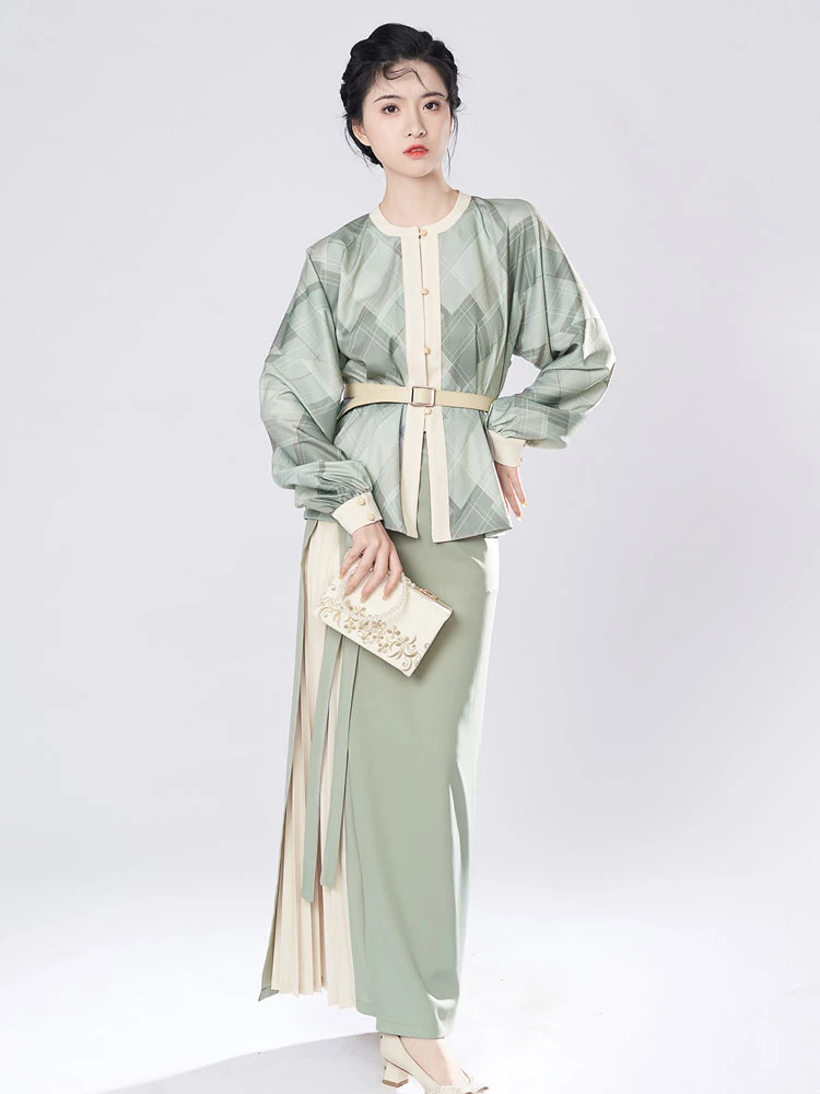 retro plaid green hanfu modern