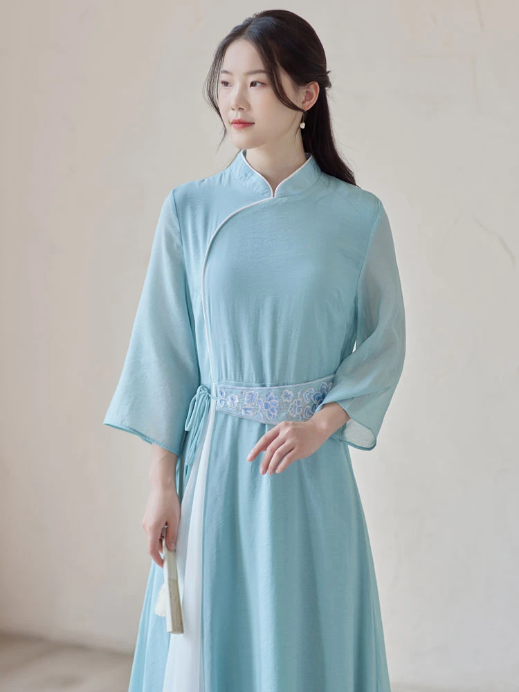blue camellia modern qipao dress cheongsam
