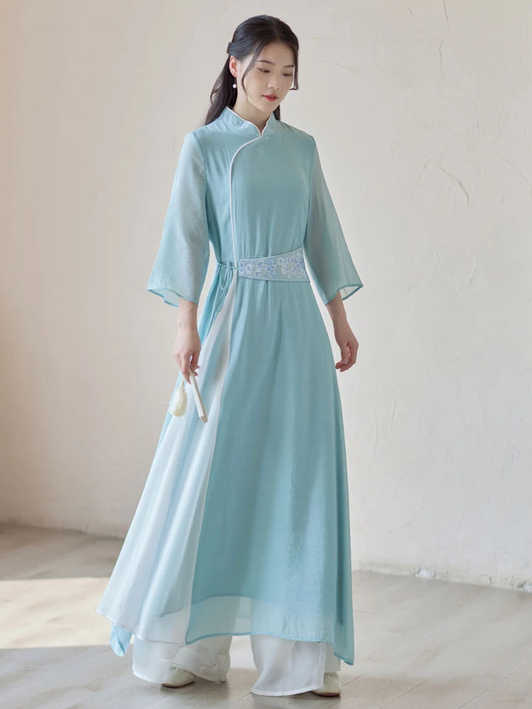 blue camellia modern qipao dress cheongsam