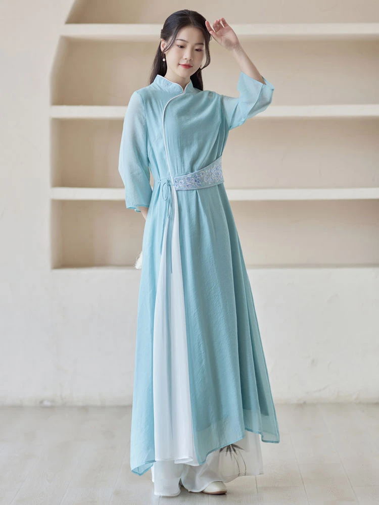 blue camellia modern qipao dress cheongsam