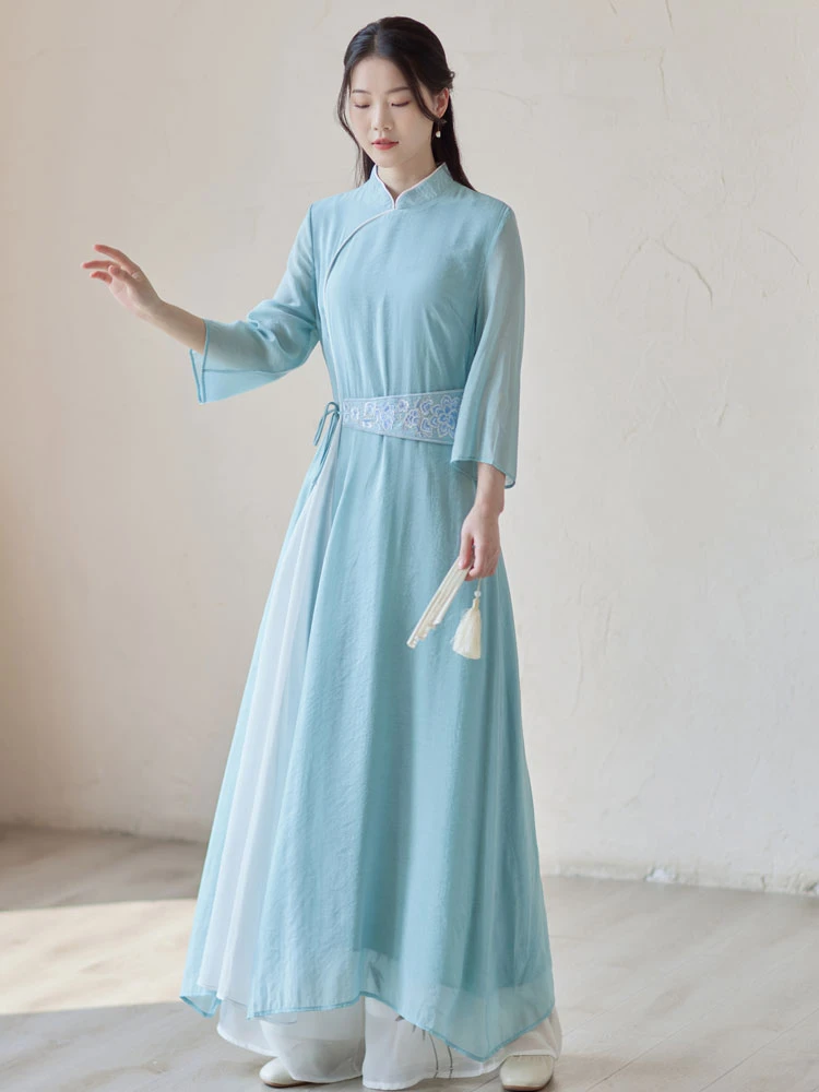blue camellia modern qipao dress cheongsam