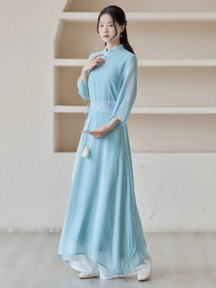 blue camellia modern qipao dress cheongsam