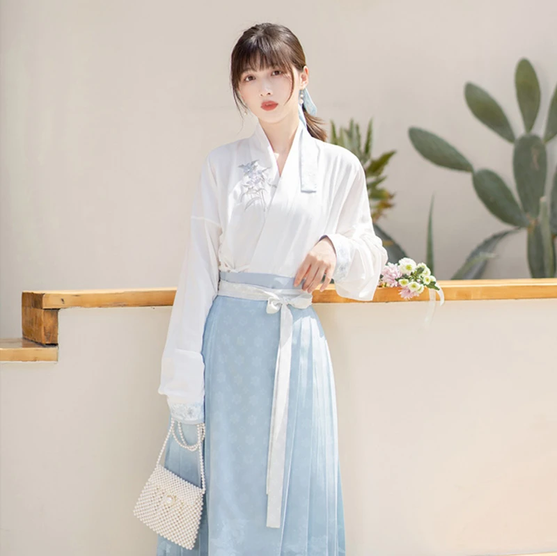 Women-Blue-Mamian-Skirt-Modern-Hanfu-Set-for-Spring-1 Women Blue Mamian Skirt Modern Hanfu Set for Spring