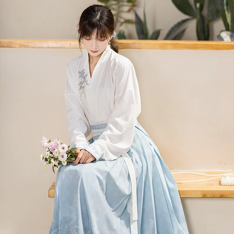 Women-Blue-Mamian-Skirt-Modern-Hanfu-Set-for-Spring-3 Women Blue Mamian Skirt Modern Hanfu Set for Spring