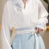 Women-Blue-Mamian-Skirt-Modern-Hanfu-Set-for-Spring-4 Women Blue Mamian Skirt Modern Hanfu Set for Spring