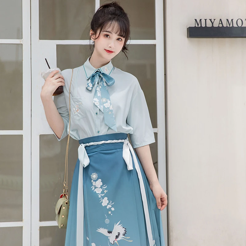 Modern-Ming-Style-Mamian-Costume-Girl-Blue-Hanfu-Dress-1 Modern Ming Style Mamian Costume Girl Blue Hanfu Dress