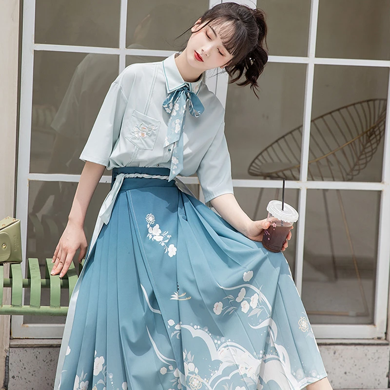 Modern-Ming-Style-Mamian-Costume-Girl-Blue-Hanfu-Dress-2 Modern Ming Style Mamian Costume Girl Blue Hanfu Dress