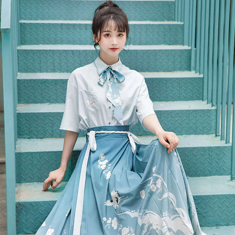 Modern-Ming-Style-Mamian-Costume-Girl-Blue-Hanfu-Dress-3 Modern Ming Style Mamian Costume Girl Blue Hanfu Dress