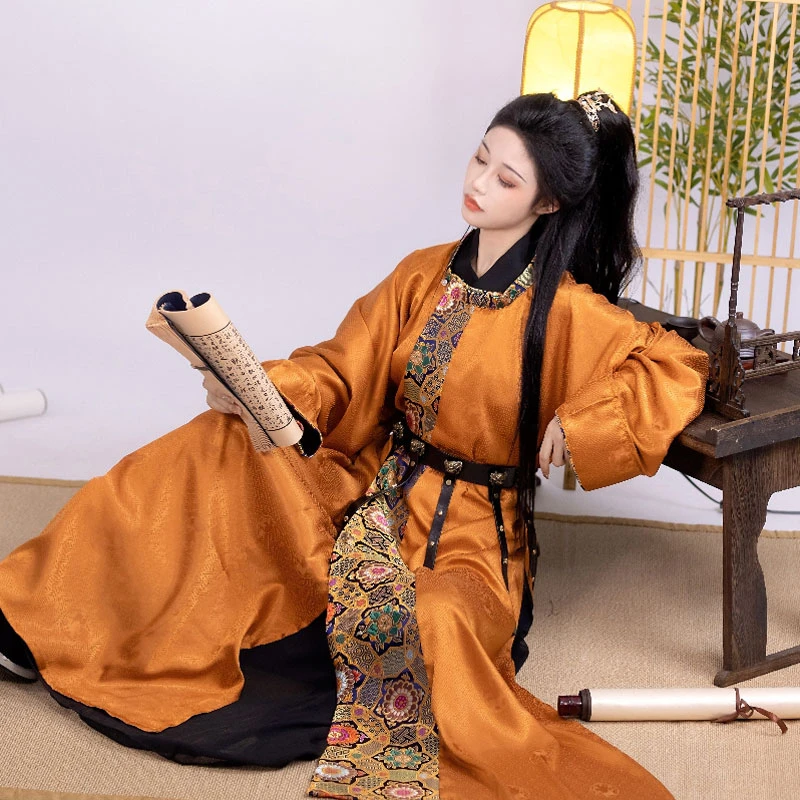Orange-Tang-Dynasty-Round-Neck-Robe-Dunhuang-Style-Handsome-Hanfu-2 Orange Tang Dynasty Round Neck Robe Dunhuang Style Handsome Hanfu