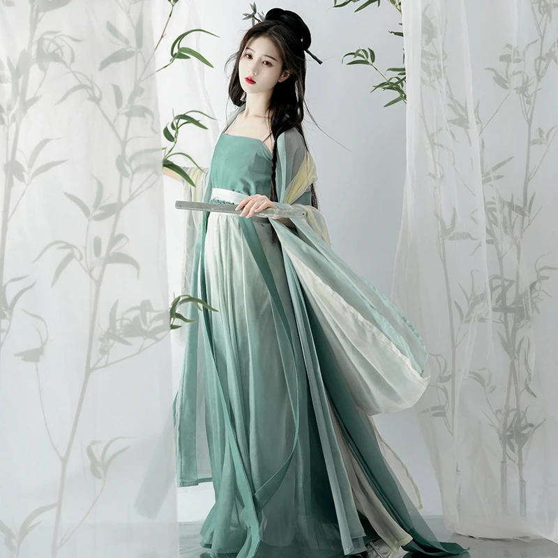 Summer Song Dynasty Fairy Women's Pleated Dress Large Sleeve Green Hanfu Set