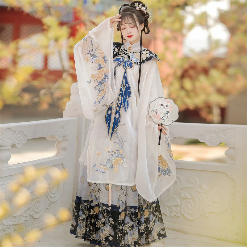 Women's-Autumn-Ming-Hanfu-Stand-Collar-Long-Shirt-Mamian-Skirt-Set-1 Women's Autumn Ming Hanfu Stand Collar Long Shirt Mamian Skirt Set
