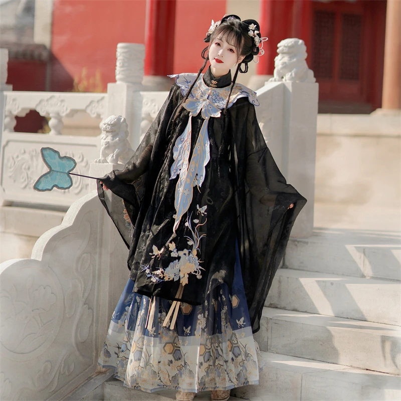 Women's-Autumn-Ming-Hanfu-Stand-Collar-Long-Shirt-Mamian-Skirt-Set-2 Women's Autumn Ming Hanfu Stand Collar Long Shirt Mamian Skirt Set