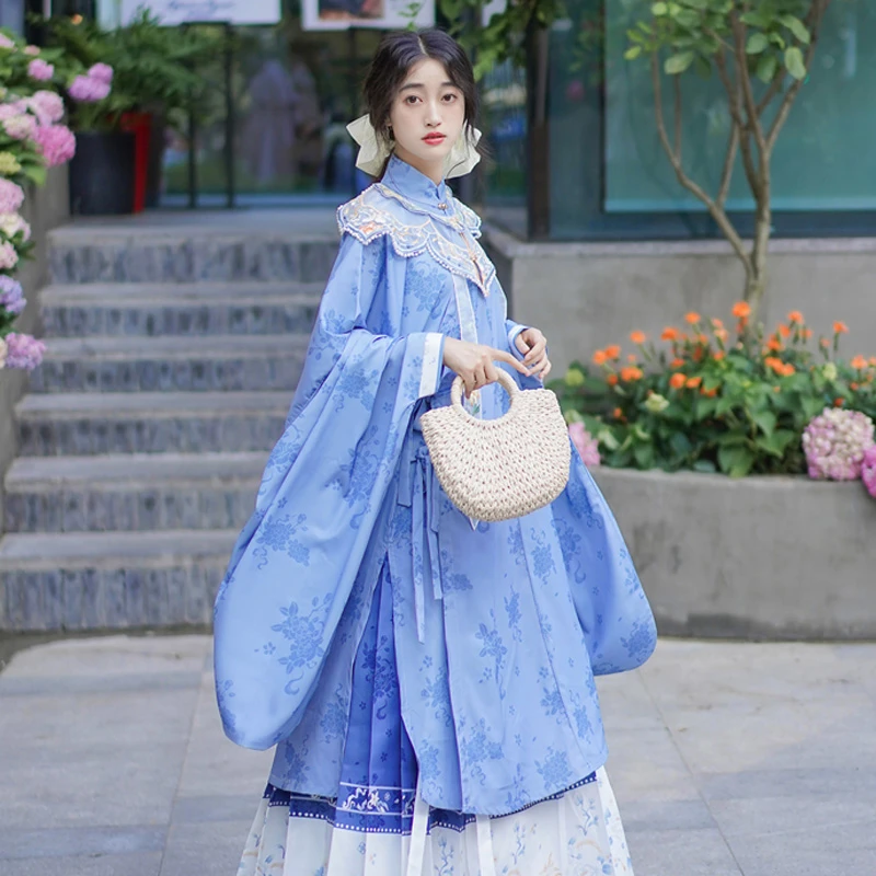 Women's-Traditional-Ming-Dynasty-Mamian-Dress-Blue-Daily-Hanfu-1 Women's Traditional Ming Dynasty Mamian Dress Blue Daily Hanfu