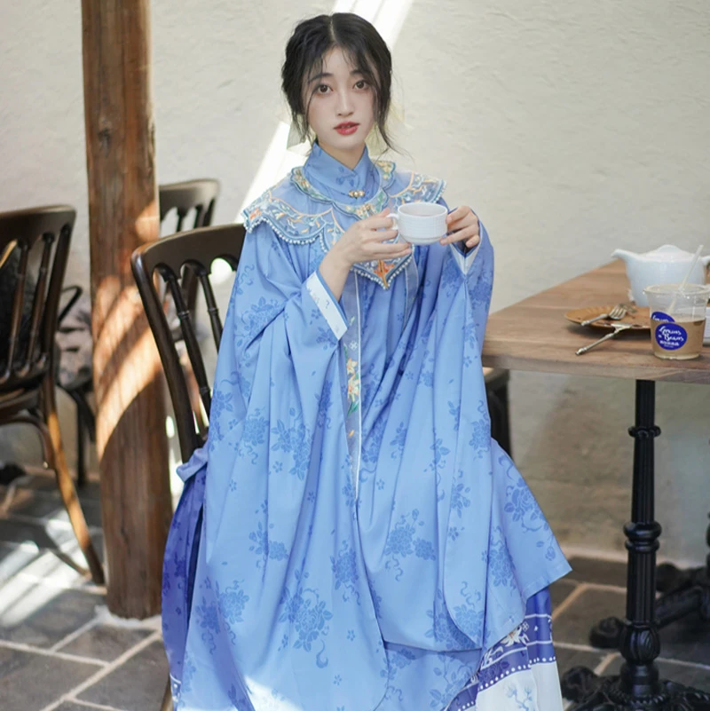 Women's-Traditional-Ming-Dynasty-Mamian-Dress-Blue-Daily-Hanfu-3 Women's Traditional Ming Dynasty Mamian Dress Blue Daily Hanfu