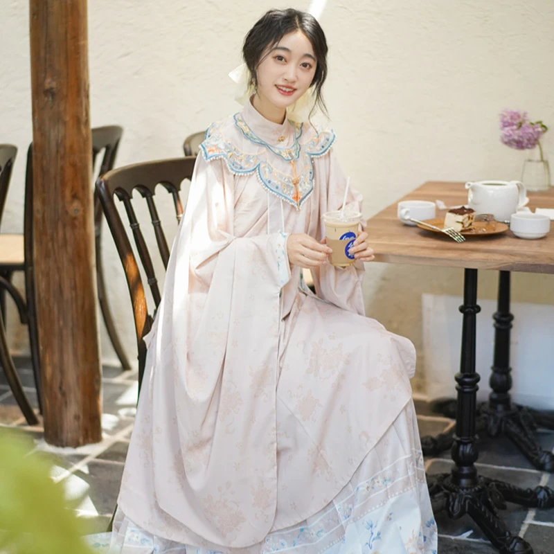 Women's-Traditional-Ming-Dynasty-Mamian-Dress-Blue-Daily-Hanfu-4 Women's Traditional Ming Dynasty Mamian Dress Blue Daily Hanfu