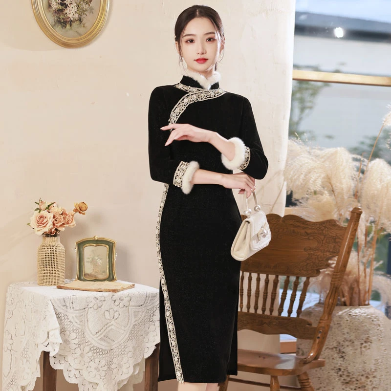 velvet-qipao-winter-black-cheongsam-dress-02 velvet qipao winter black modern cheongsam dress newhanfu