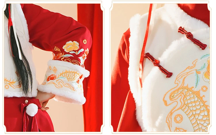 Chinoiserie Short Skirt Winter Red Hanfu Suit for New Year's Wear