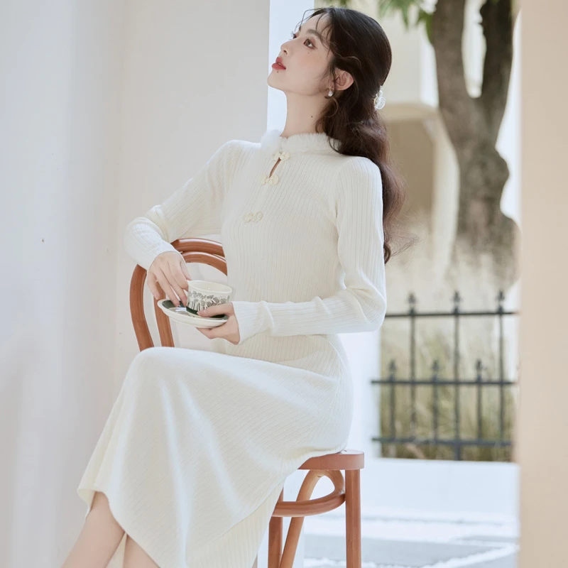 Knitted-White-Cheongsam-Winter-Women-Chinese-style-Dress-1 Knitted White Cheongsam Winter Women Chinese-style Dress