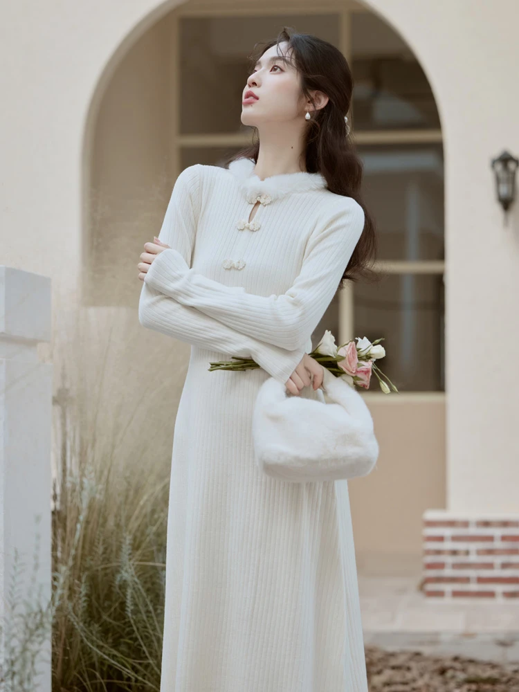 Knitted White Cheongsam Winter Women Chinese-style Dress
