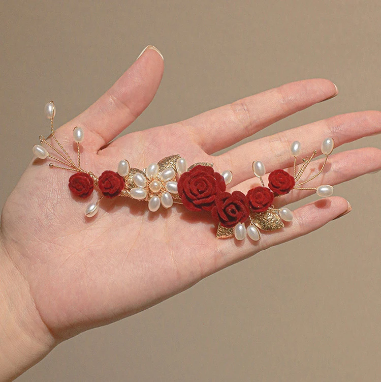 Red Rose Hair Clips Classical Cheongsam Wedding Accessories
