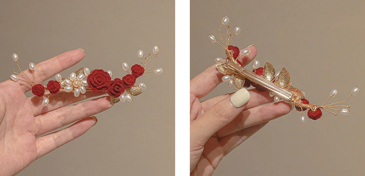Red Rose Hair Clips Classical Cheongsam Wedding Accessories