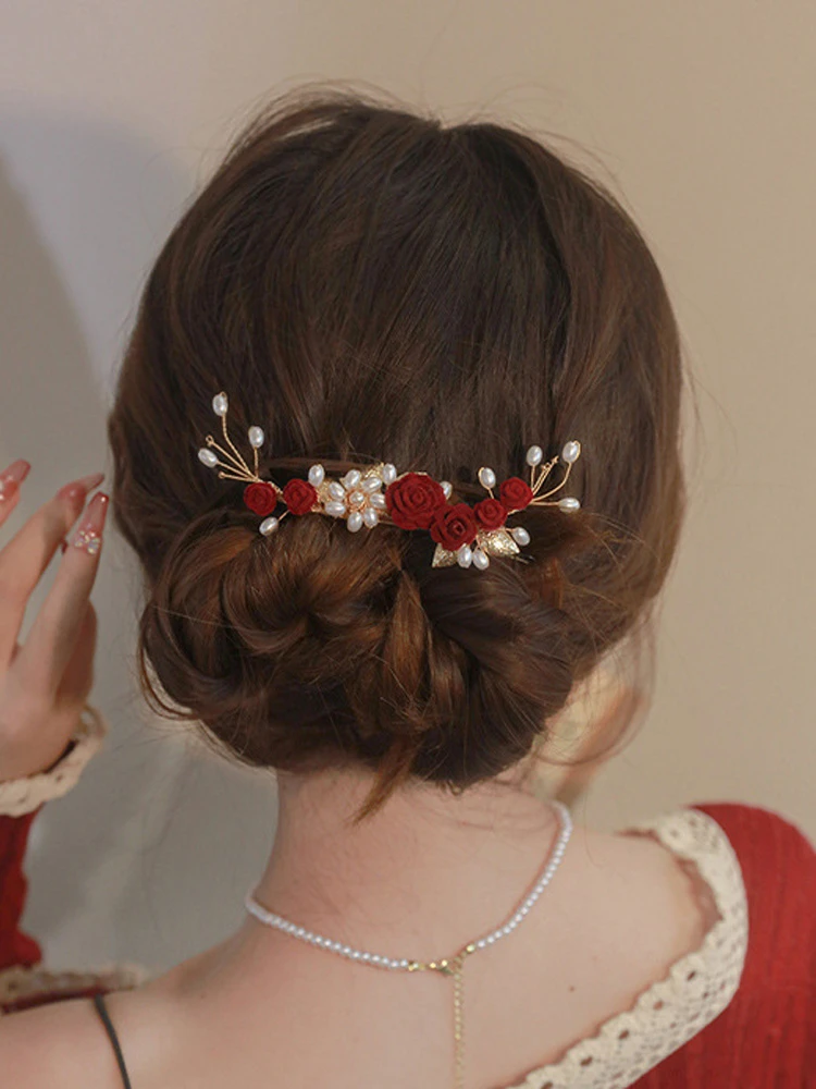 Red Rose Hair Clips Classical Cheongsam Wedding Accessories