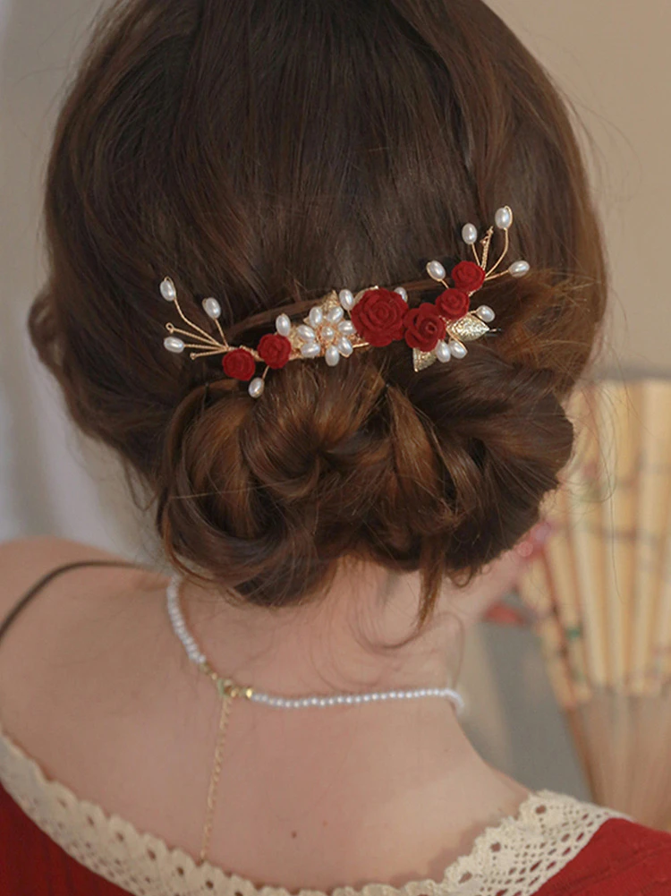 Red Rose Hair Clips Classical Cheongsam Wedding Accessories